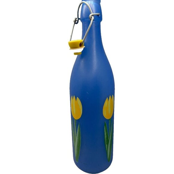 VTG CERVE Blue Frosted Glass Bottle Decanter 12” Yellow Tulips, Made in Italy - Picture 2 of 8